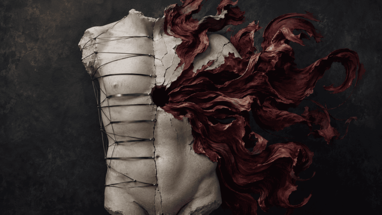 Αφηρημένο γλυπτό ανθρώπινου κορμού που περιορίζεται από μεταλλικές ζώνες, ενώ από το εσωτερικό του ξεχύνεται μια σκοτεινή μπορντό ύλη.