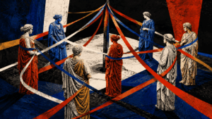Pop-art αρχαιοελληνικά αγάλματα συνδεδεμένα με διασταυρούμενα νήματα γύρω από έναν κοινό άξονα, συμβολίζοντας τη δυναμική της ομαδικής ψυχοθεραπείας.