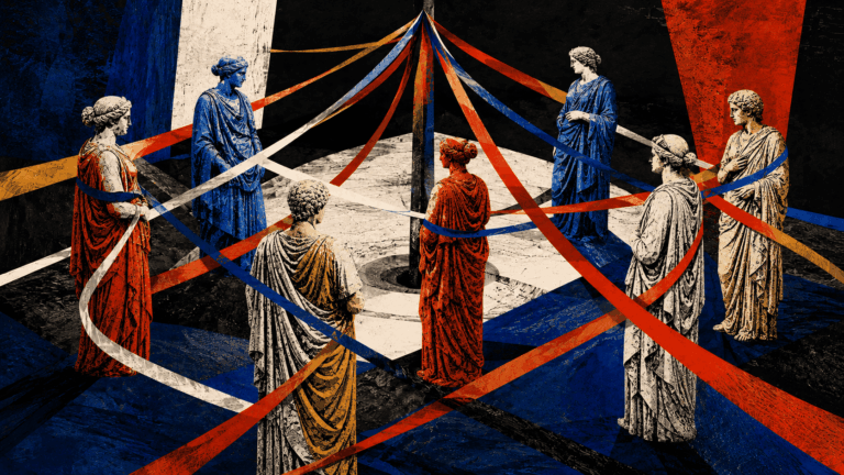 Pop-art αρχαιοελληνικά αγάλματα συνδεδεμένα με διασταυρούμενα νήματα γύρω από έναν κοινό άξονα, συμβολίζοντας τη δυναμική της ομαδικής ψυχοθεραπείας.