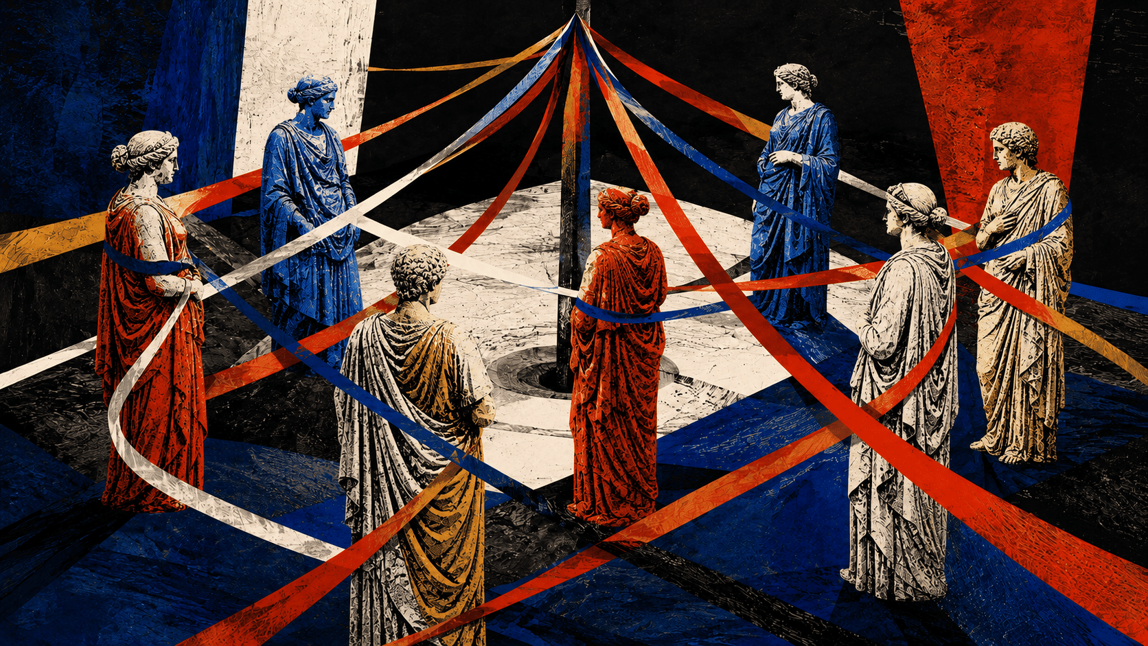 Pop-art αρχαιοελληνικά αγάλματα συνδεδεμένα με διασταυρούμενα νήματα γύρω από έναν κοινό άξονα, συμβολίζοντας τη δυναμική της ομαδικής ψυχοθεραπείας.